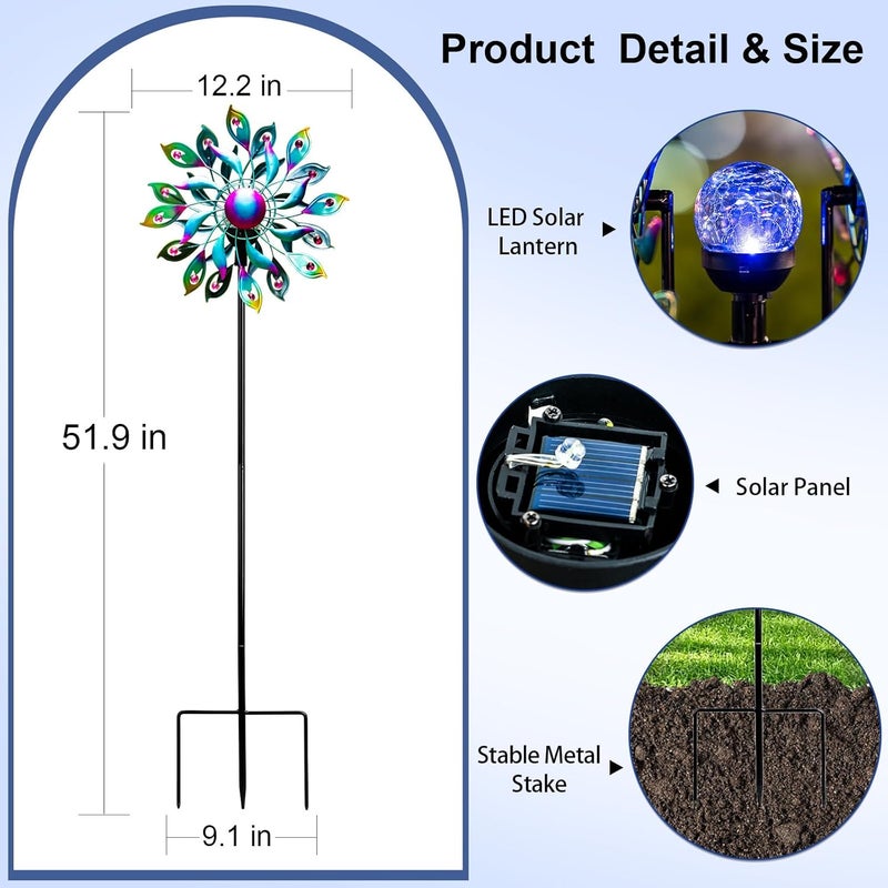 MXwcy 360°Peacock Solar Wind Spinner with Lights Blue Metal Garden Outdoor Decor Yard Lawn Art Decor for Patio Kinetic Windmills Unique Gifts for Friends and Family 51.9' H x 12.2'' Dia - Image 4